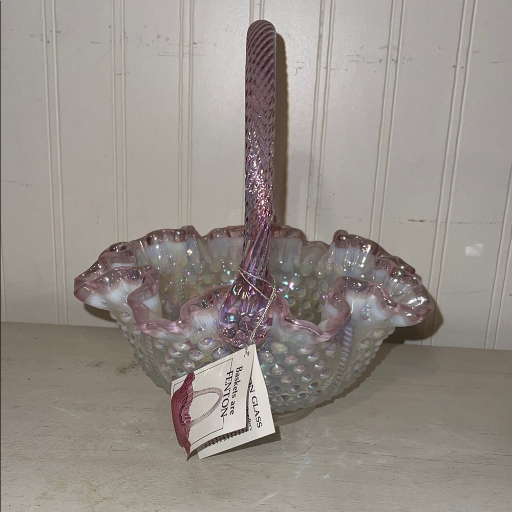 Vintage NWT Fenton Clear Opalescent Hobnail basket with a Pink Crest 9” x 8”